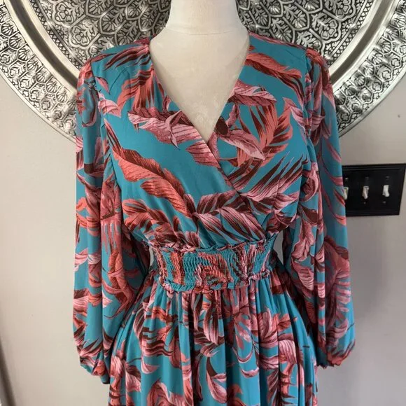 Bohme Maxi Tropical Aqua Print Knit Tiered Dress M - Picture 2 of 13